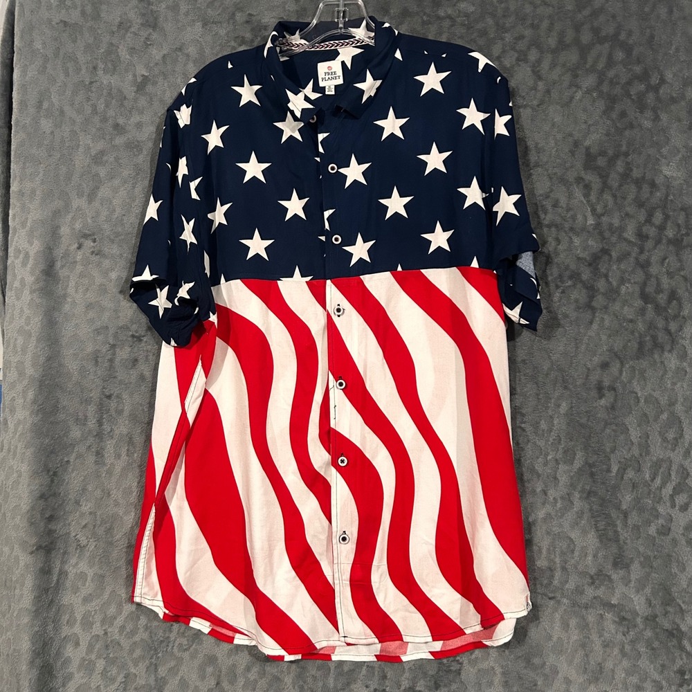 Free Planet Mens XL American Flag Short Sleeve Rayon Button Down Shirt Patriotic